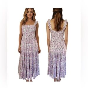 Haute Hippie XL Floral Dress Lavender  Pink Maxi Ruffle Smocked Cottage Core